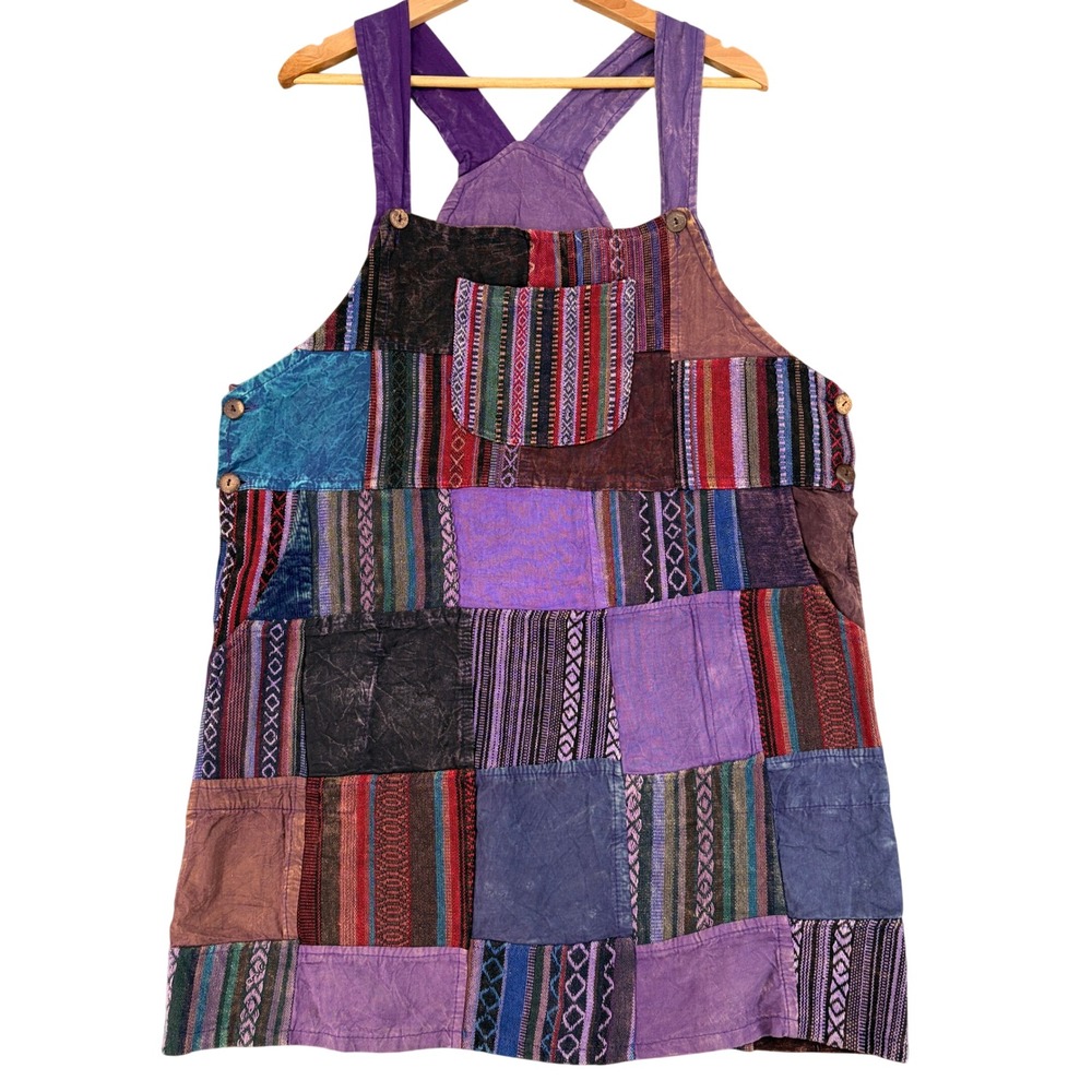 Like International Patchwork Overall Dress Purple Boho Hippie L/XL NWT Nepal